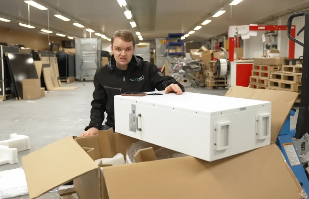 Elektriker Leo Tiedt packt einen Batteriespeicher zum Nachrüsten einer PV-Anlage aus