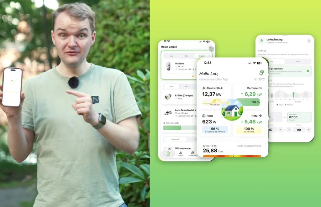 Leo Tiedt zeigt die Energiemanagement-App Solistrom mit Startbildschirm, Geräteübersicht und Ladeplanung